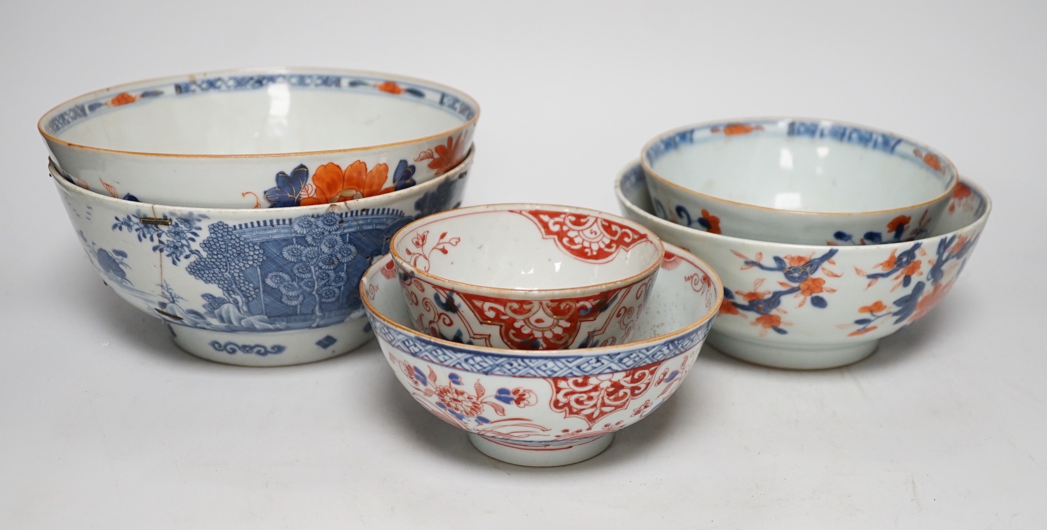 Six 18th century Chinese porcelain bowls (a.f.) and a Chinese imari plate, largest bowl 20cm diameter